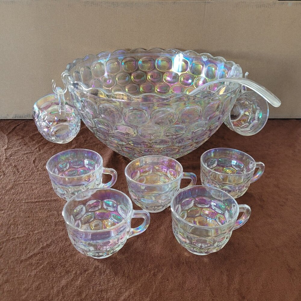 Vintage Thumbprint Carnival Glass Punch Bowl Set ~ Set One